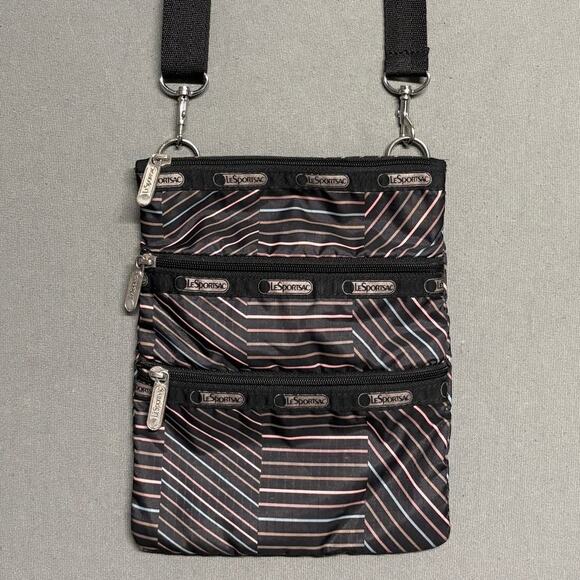 LeSportsac Black Striped Crossbody Travel‎ Bag Multicolor 3 Zipper Adjustable - Picture 1 of 16